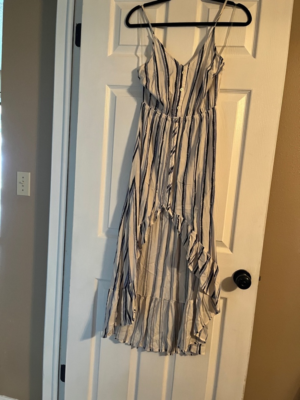 Rue21 White and Navy Striped High-Low Spaghetti Strap Maxi Dress